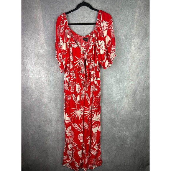 Red Tropical Maxi Dress Off Shoulder Tie Front Boho Vacation Beach Flowy - Picture 4 of 10